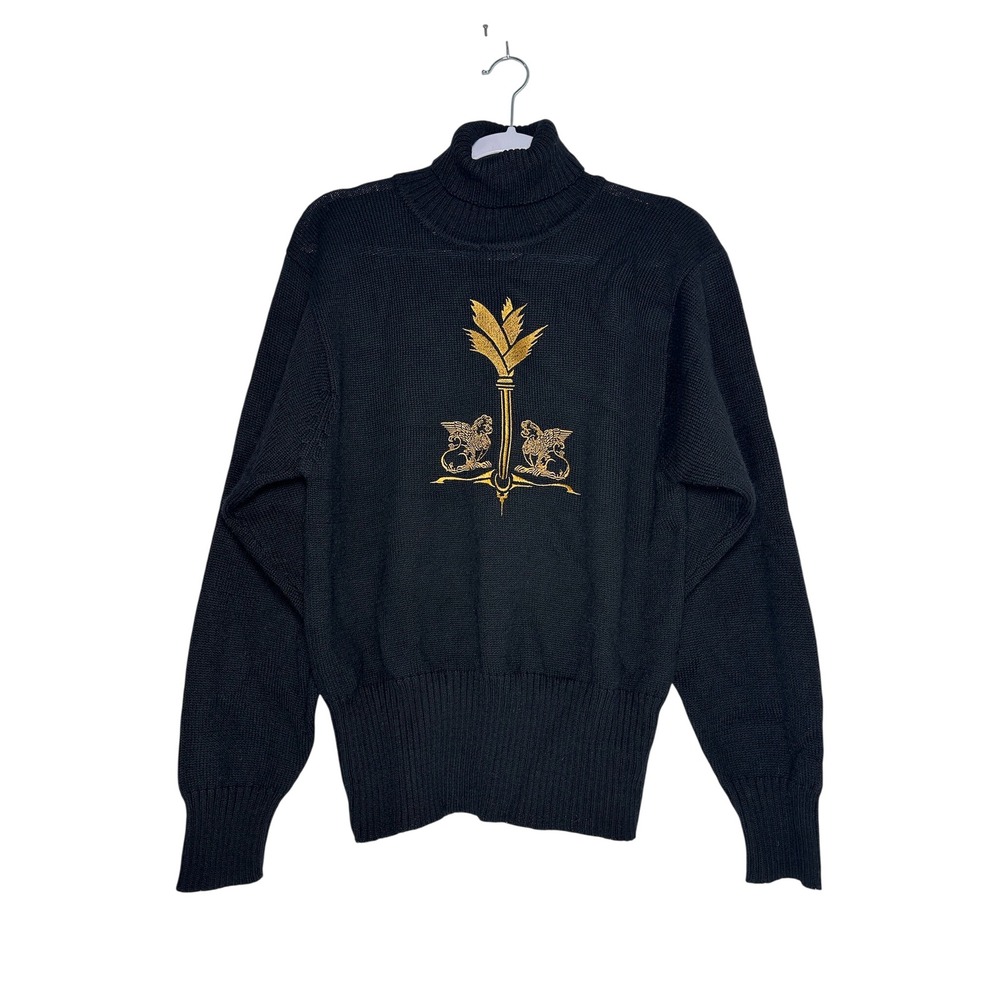 Bogner Vintage Black 100% Wool Turtleneck Gold Griffin Crest Sweater Mens Medium